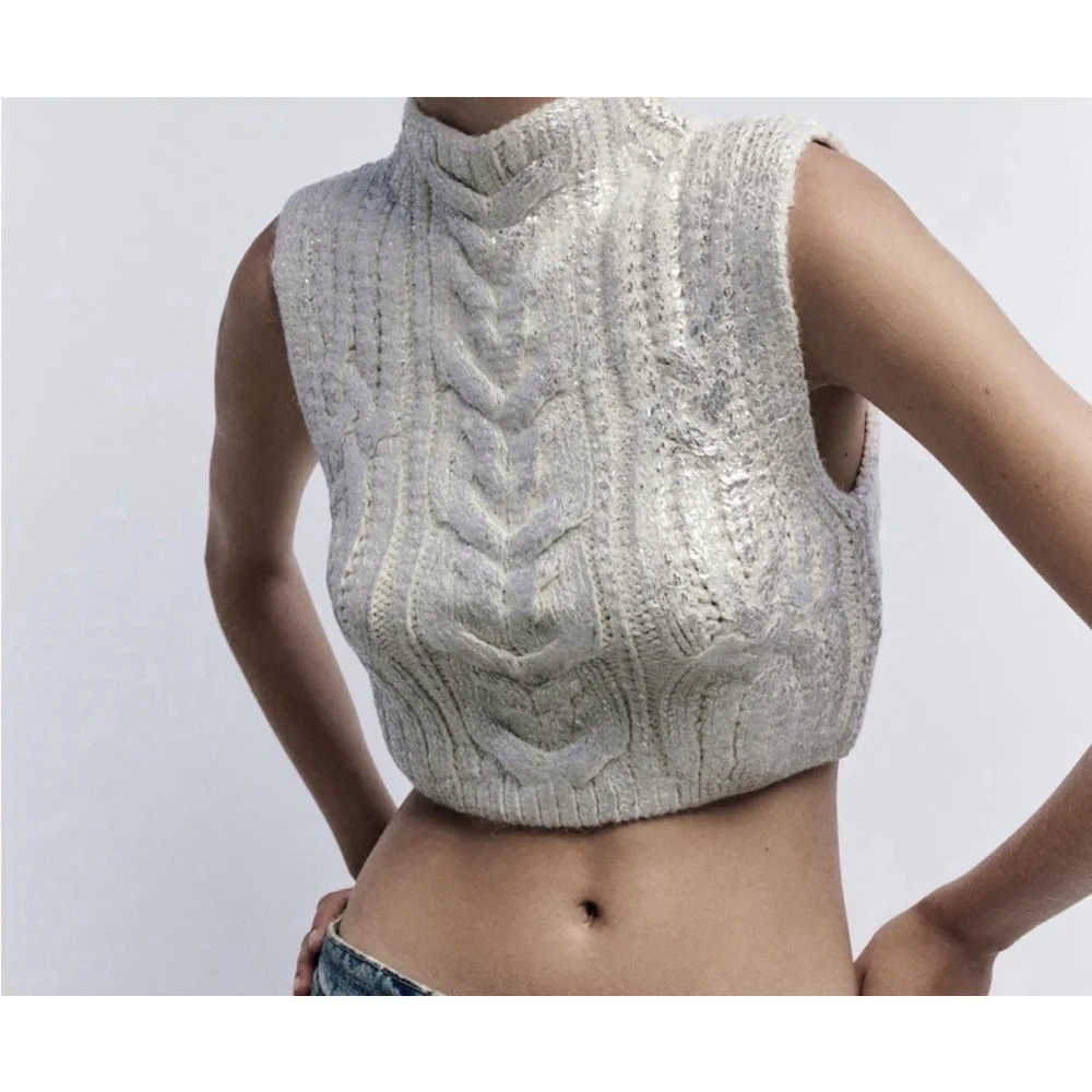 Zara Metallic Ivory Cable Knit Sweater Medium NWOT - Picture 2 of 5